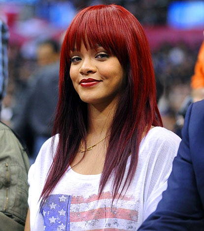 rihanna red hair 2011. Rihanna Red Hair Bangs.
